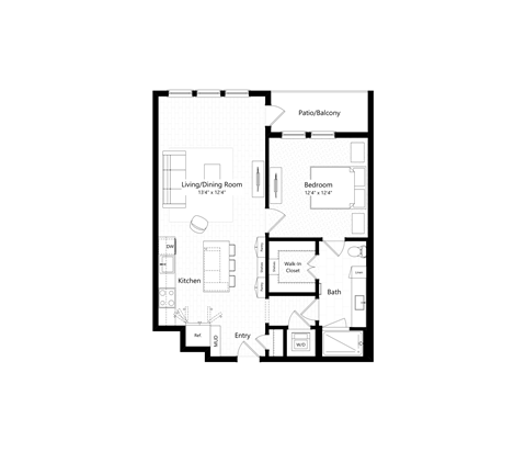 Floor plan for 1 bed, 1 bath, 828 sqft